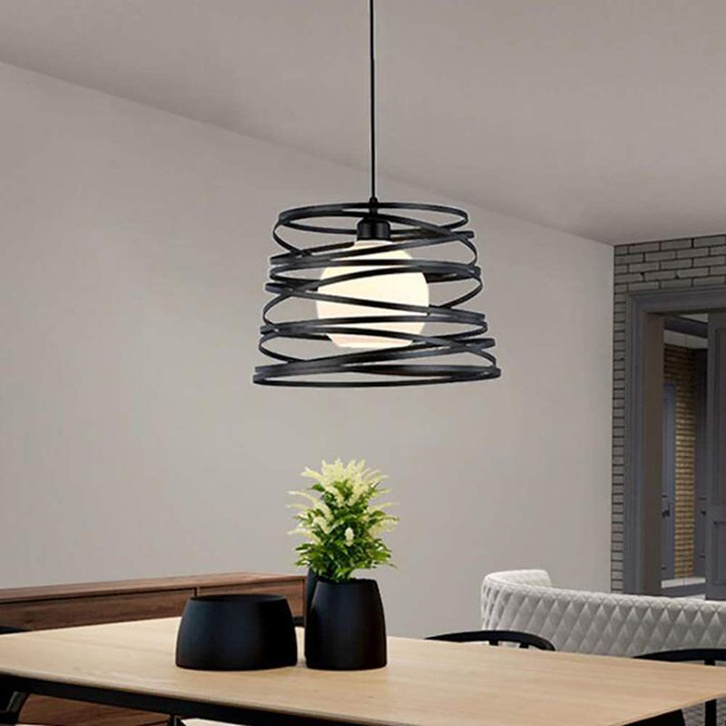 Black Metal 1 Light Pendant Light Indsutrial Retro Cylinder Cage Hanging Lamp for Restaurant