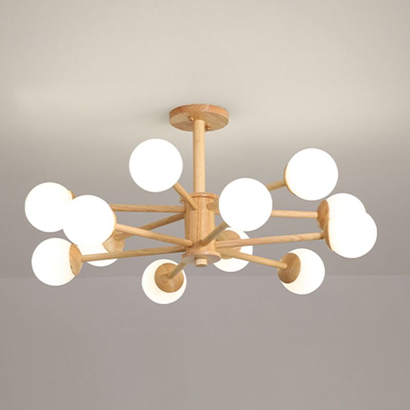 Modern Simplicity Globe Chandelier Wooden Indoor Pendant Light with White Glass Shade