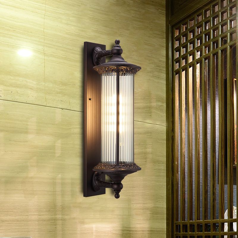 1-Light Sconce Country Outdoor Wall Mount Lamp Fixture with Cylinder Clear Ribbed Glass Shade in Dark Coffee