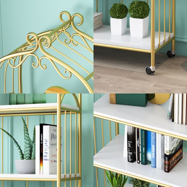 Gold Vertical Bookshelf Iron Frame Solid Wood Shelf Bookcase with Caster Wheels