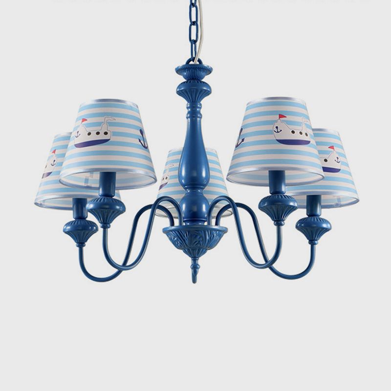 Modern Empire Shade Ceiling Lighting Patterned Fabric 5 Heads Child Room Chandelier Light Fixture in Blue