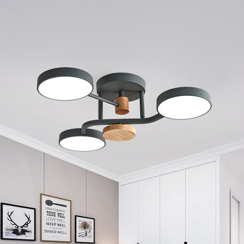 Round Semi Flushmount Lighting Macaron Metallic LED Bedroom Flush Mount Lamp Fixture in Grey/White/Green with Curved Arm