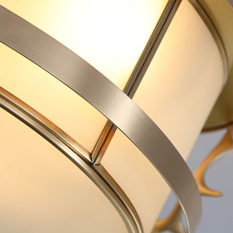 Brass Antler Element Ceiling Lamp Vintage Metallic 4-Light Bedroom Flush Mount Light with Opal Glass Shade
