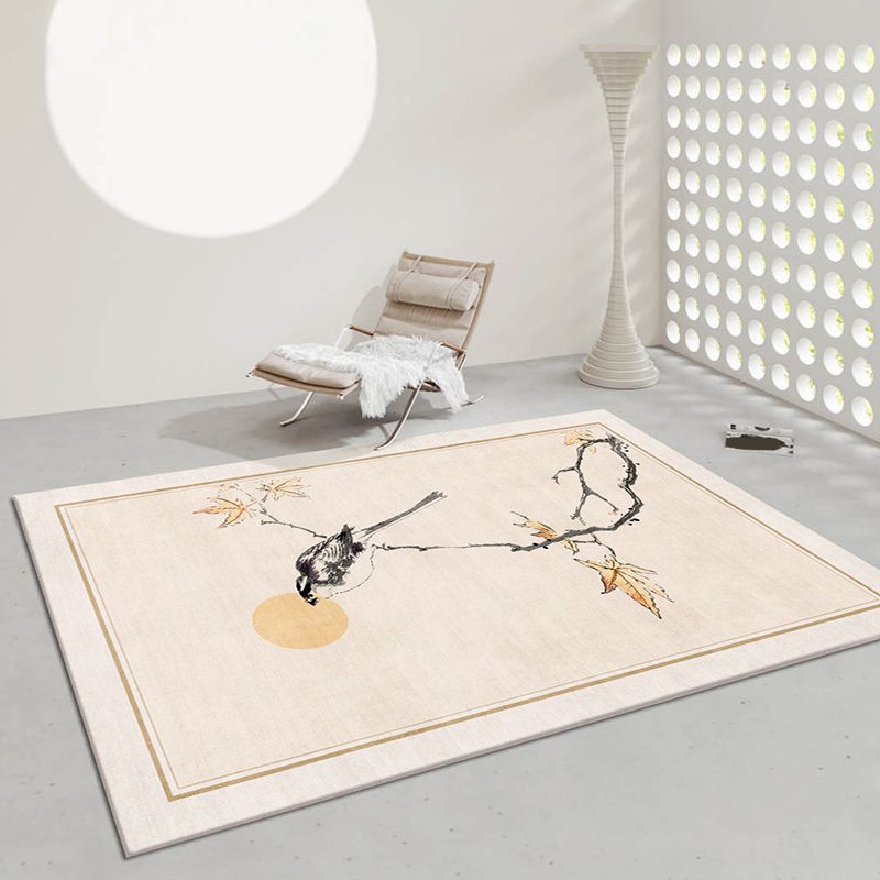 Beige Modern Rug Polyester Bird Indoor Rug Stain Resistant Rug for Living Room