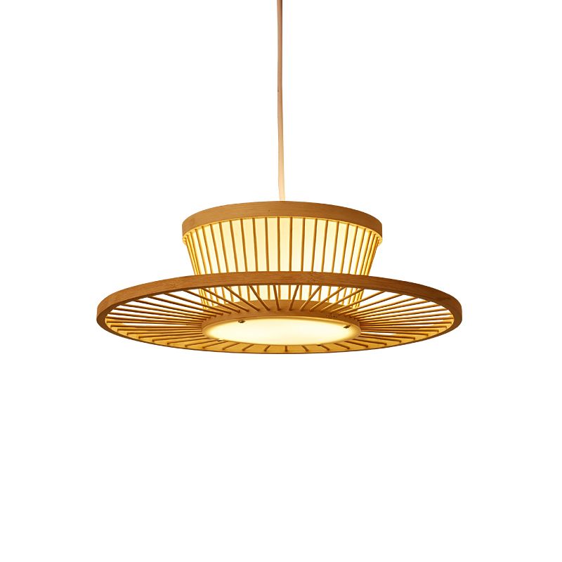 Circle Ceiling Light Asian Style Bamboo 1 Bulb Wood Hanging Lighting for Tea Room