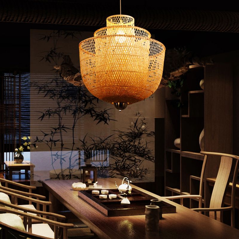 Layered Bamboo Suspension Lighting Minimalist 1 Head Wood Pendant Ceiling Light for Tea Room