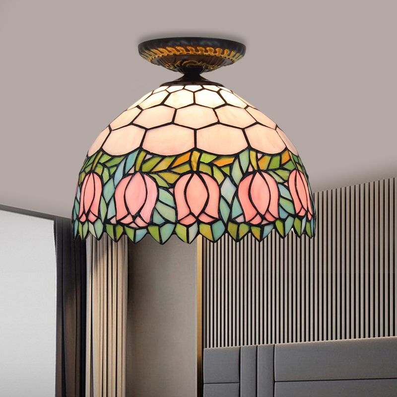 Plafonnier floral en verre teinté de style Tiffany, éclairage encastré en bronze à ampoule unique