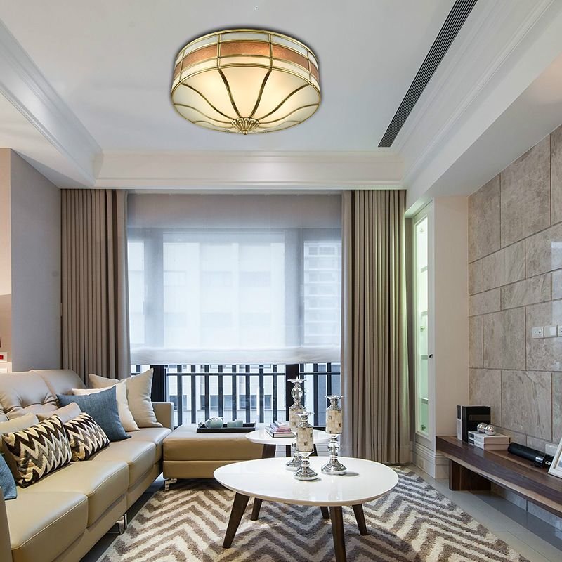 Colonialist Drum Ceiling Mounted Light 3 Bulbs Opaline Glass Flush Mount Light Fixture in Brass for Bedroom