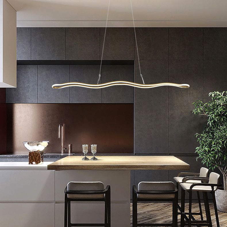 Wavy Lines Shaped Aluminum Alloy Island Light 39.3" Wide Modern Minimalist LED Suspension Lamp With Adjustable Hanging Wire