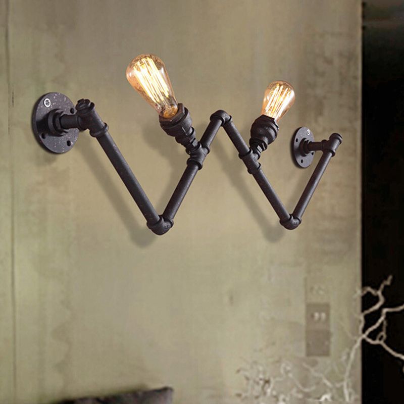 Black 2-Bulb Wall Lamp Fixture Farmhouse Iron W-Shape Wall Mount Sconce with Pipe Design