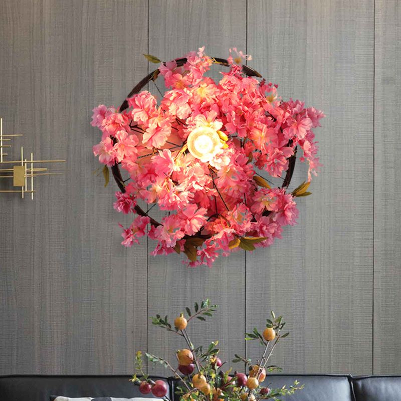 Vintage Wagon Wall Wall Light 1 Glühbirne LED -Metall Wandleuchte in Rosa/Grün mit Blumen/Pflanzendekoration