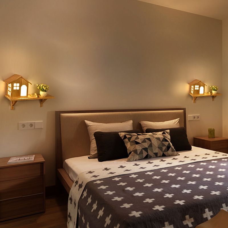 Wooden House-Shape Wall Light Fixture Modern LED Wood Wall Mounted Light Fixture