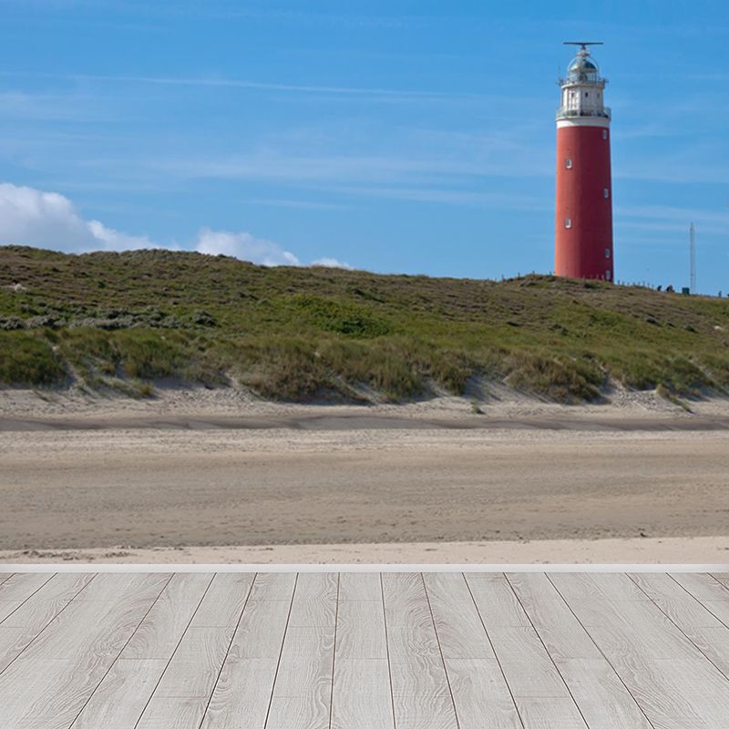 Large Lighthouse and Sky Mural Wallpaper Coastal Sea Landscape Wall Covering in Blue