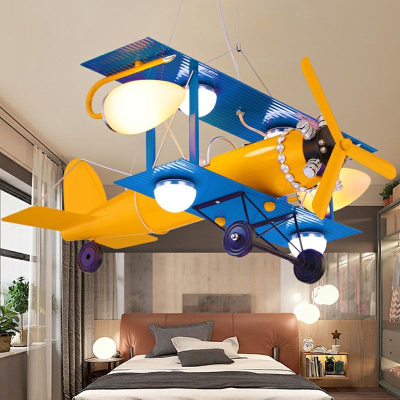 Jet Plane LED Ceiling Lighting Childrens Metallic Nursery Chandelier Light with Cream Glass Shade in Yellow