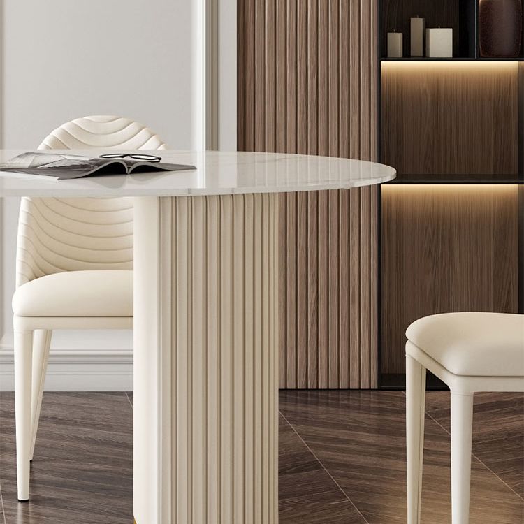 Linen White Finish Modern Oval Stone Top Dining Table with Double Pedestal Base