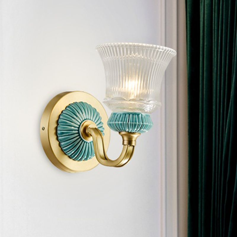 Klassiek Bell Wall Lighting Fecture 1 Head Clear Prismatic Glass Wand SCONCE Licht in goud voor slaapkamer