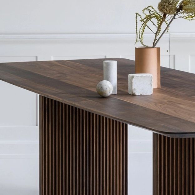 Solid Wood Top Dining Table Rectangle Contemporary Table with Double Pedestal Base