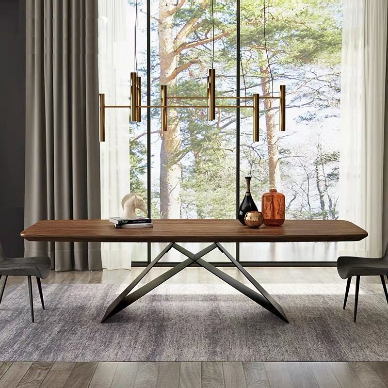 Mesa de madera maciza industrial para mesa de comedor rectangular de restaurantes en marrón con pedestal de metal