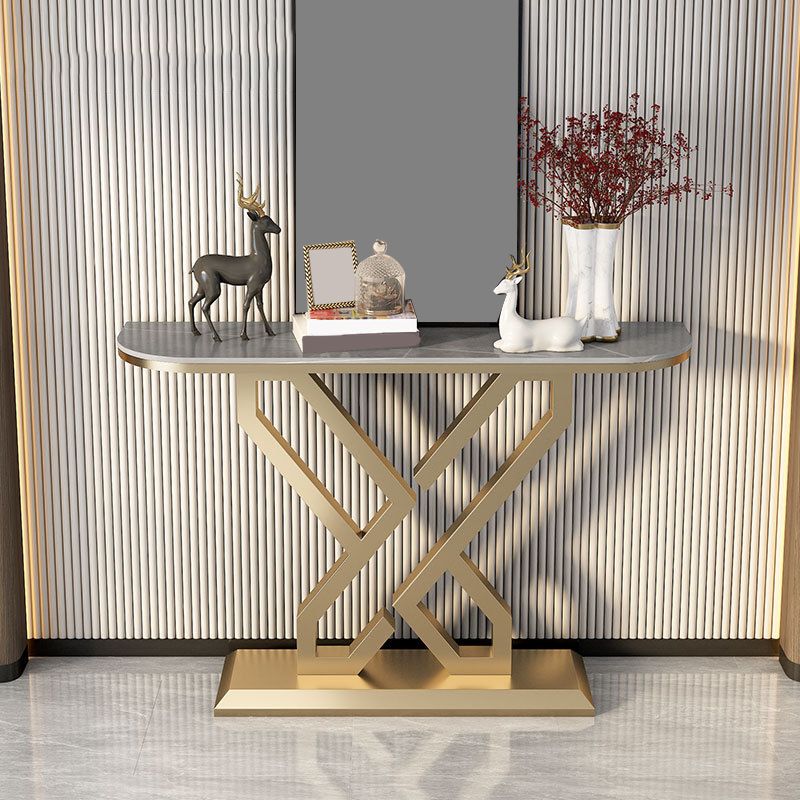 Glam Metal Accent Table Half Moon Stone Sofa Console Table for Hall