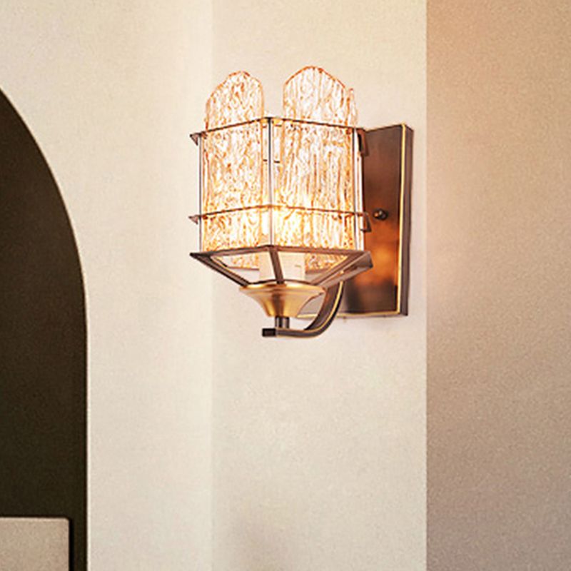 Rippled Glass Wall Light Fixture with Metal Cage Contemporary 1 Head Black Finish Flush Mount Wall Sconce