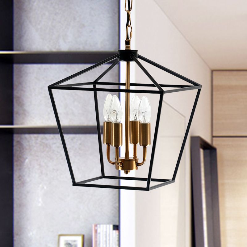 4-Light Indoor Hanging Chandelier Lamp Industrial Style Black Pendant Light with Wire Cage Metal Shade