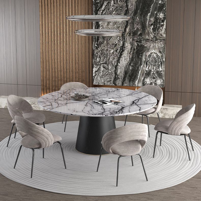 Contemporary Gray Marble Round Dining Table with Wooden Pedestal
