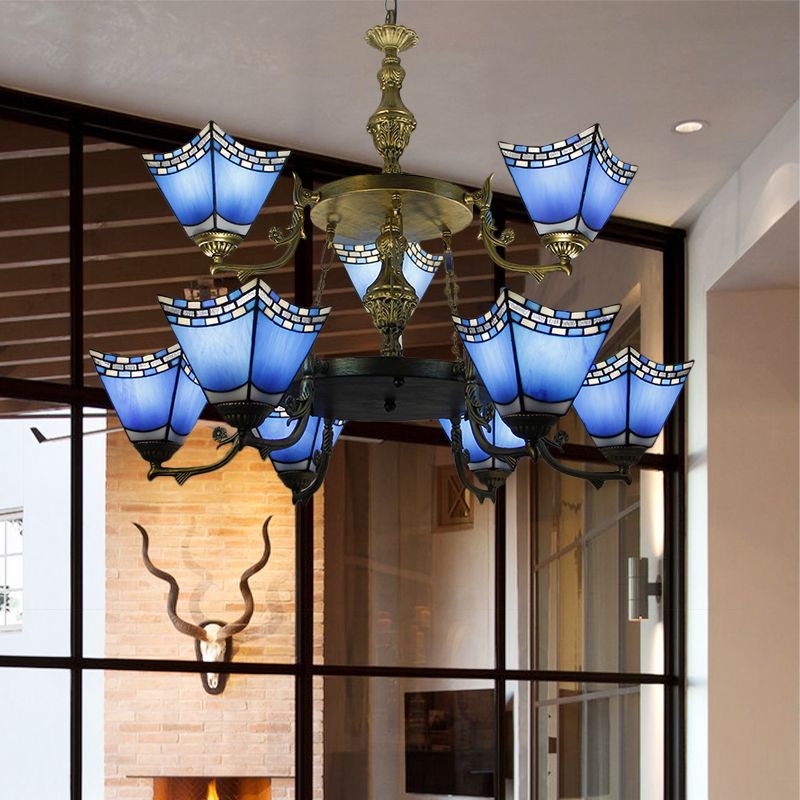 Lámpara colgante de pirámide náutica, 2 niveles, vidrio azul, 9 luces, lámpara con cadena de metal en azul