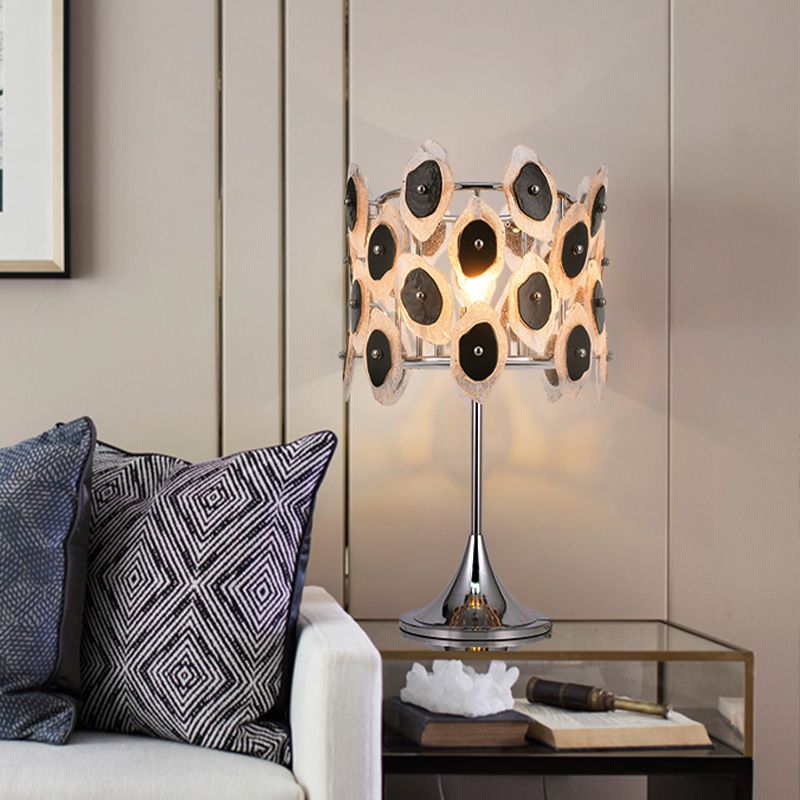 1 table de salon de tête Lumière lampe de chevet chromée moderne avec ombre de tambour en métal