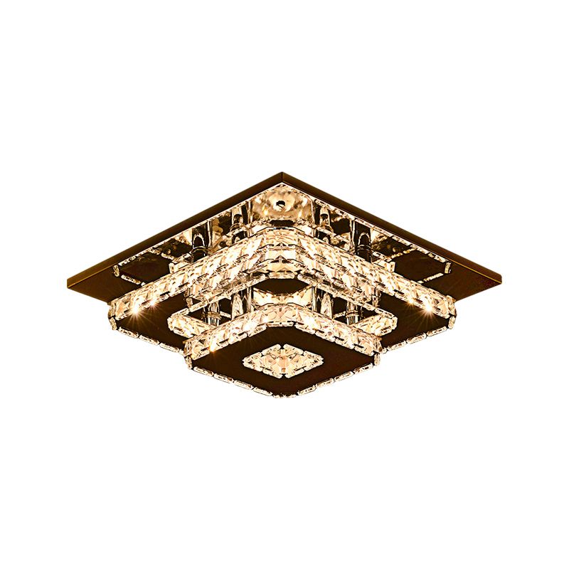 2-Tier Square Crystal Ceiling Fixture Contemporary 12"/26.5" Wide Stainless-Steel LED Flush Mount Lighting