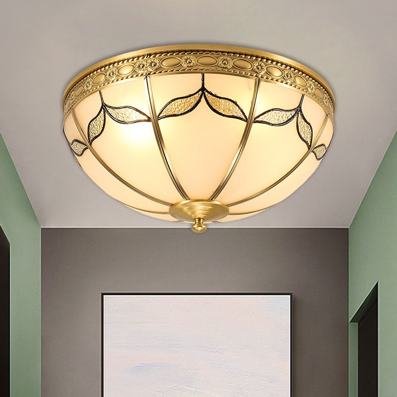 14"/18" W Countryside Domed Flush Lamp 3/4 Lights Milky Glass Ceiling Mounted Fixture with Leaf Pattern in Brass