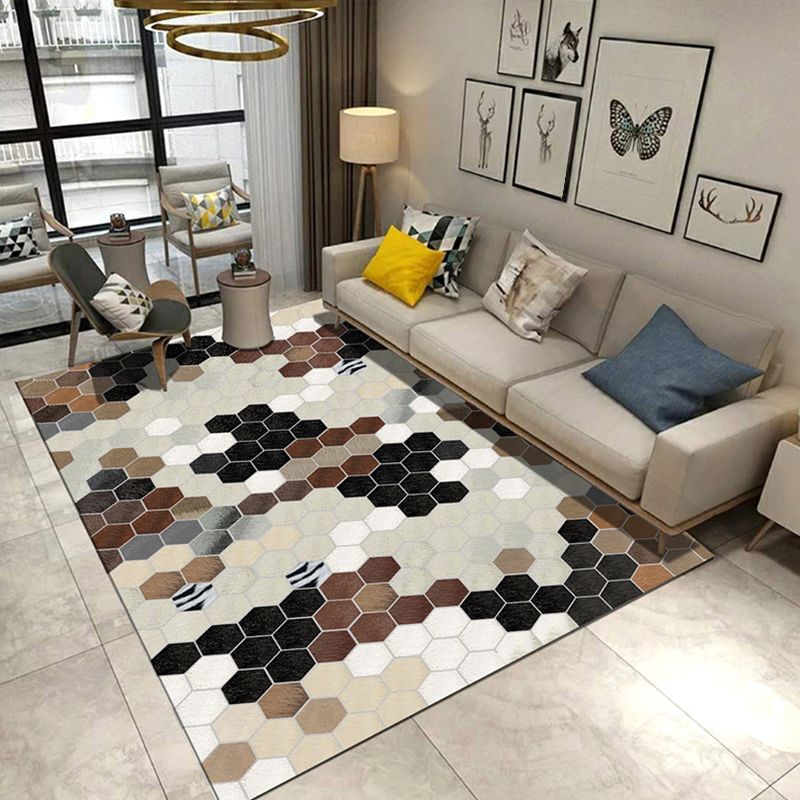 Modern Living Room Rug in Grey and Blue Geometric Triangle Hexagon Print Rug Polyester Anti-Slip Area Rug