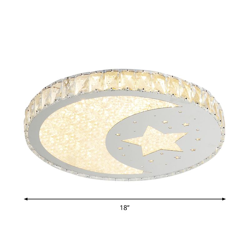 Stainless-Steel LED Round Flushmount Contemporary Cut Crystal Ceiling Mounted Light with Moon and Star Design