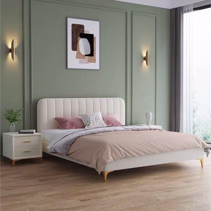 Contemporary White Panel Bed with Rectangle Faux Leather Headboard