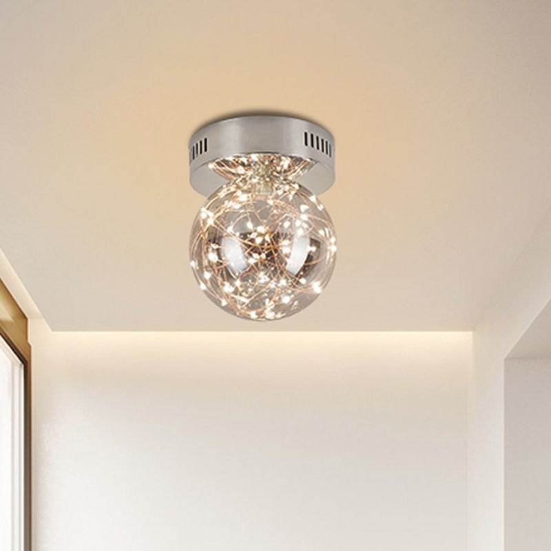 Orb Smoke Grey Glass Flush Ceiling Light Modernism LED Flush Mount with Inner Glowing String