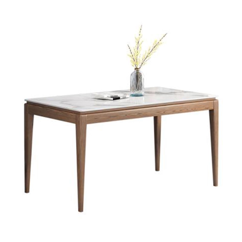 Mesa de comedor rectangular moderna de mediados de siglo, mesa de piedra sinterizada con base de madera de 4 patas