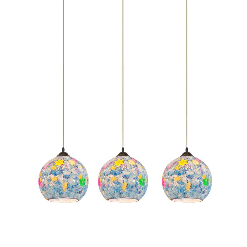 Tiffany Glass Light Blue Multi Pendant Leaf-Pattern Globe 3-Bulb Baroque Ceiling Suspension Lamp
