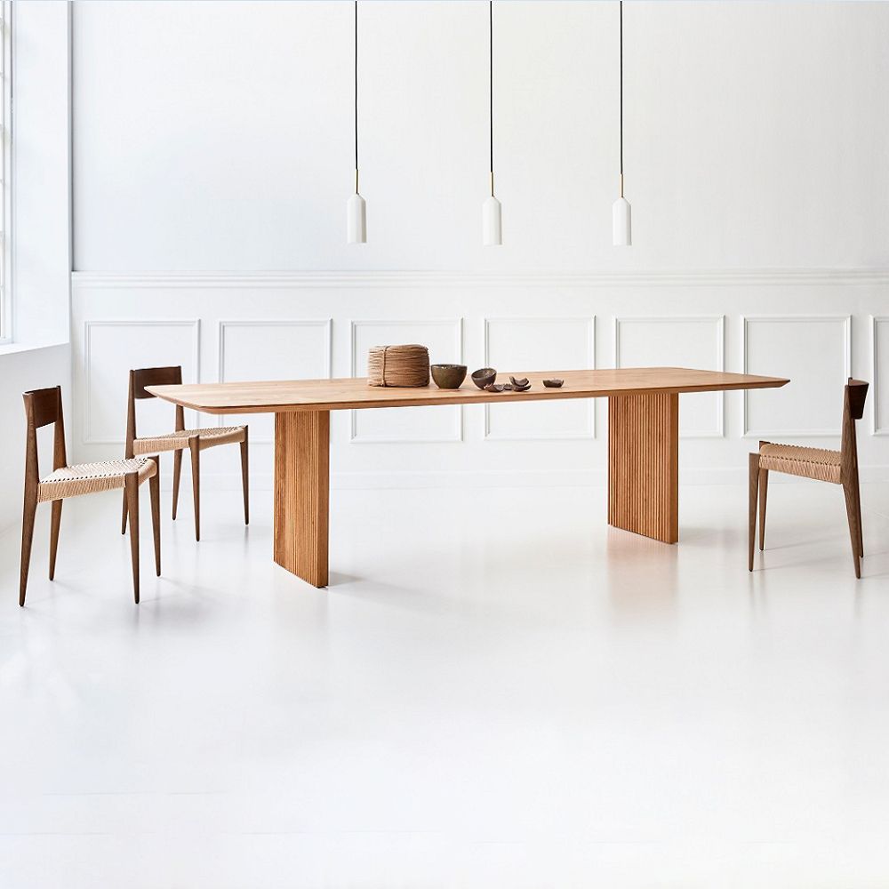Solid Wood Top Dining Table Rectangle Contemporary Table with Double Pedestal Base