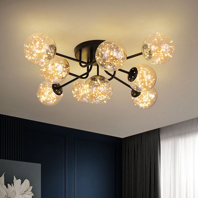 Sputnik Metall Deckenlampe Moderne sternenklinische LED Black Semi Flush mit globalem Glasschatten