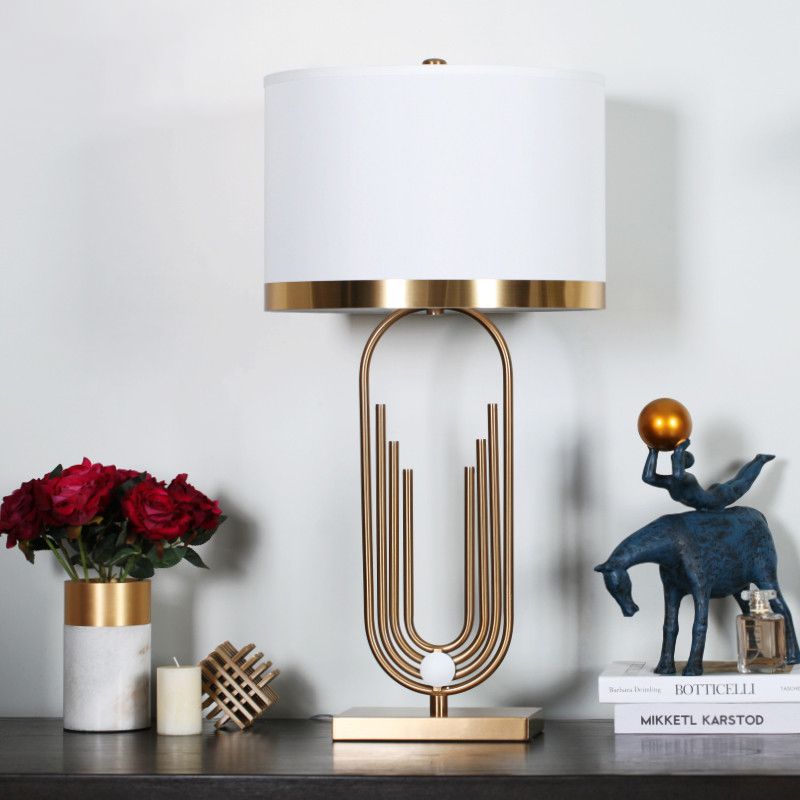 Lámpara de mesa blanca contemporánea de mesa de 1 cabezal con tono de tela de cilindro
