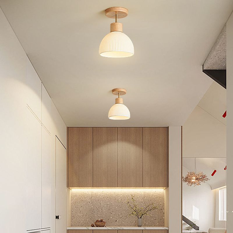 Contemporary Glass Shade Semi Flush Wooden Semi Mount Lighting for Living Room