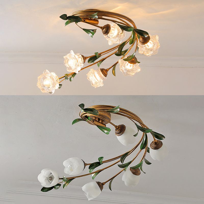 American Style Ceiling Light Flower Shape Ceiling Lamp with Glass Shade for Living Room