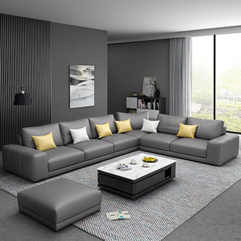 Contemporary Right Hand Facing Sectional Faux Leather Corner Sofa with Ottoman