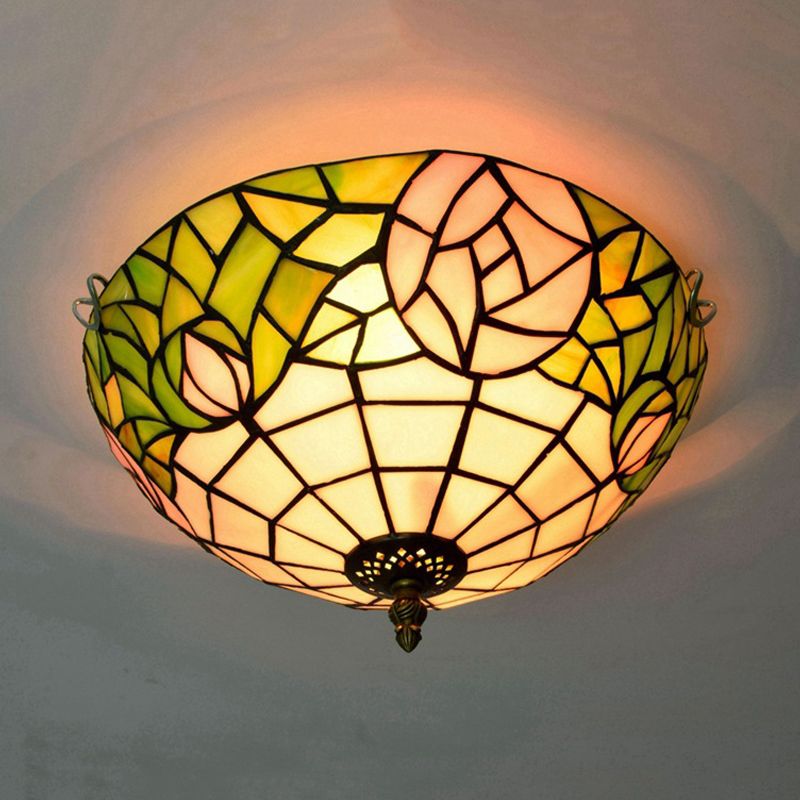 Rose Ceiling Flush Tiffany-Style Stained Art Glass 2 Heads Bronze Flush Mount Spotlight for Bedroom