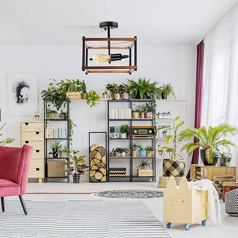 Luz de techo negro de madera en el estilo industrial de hierro forjado Geométrico Semi Flush Monte