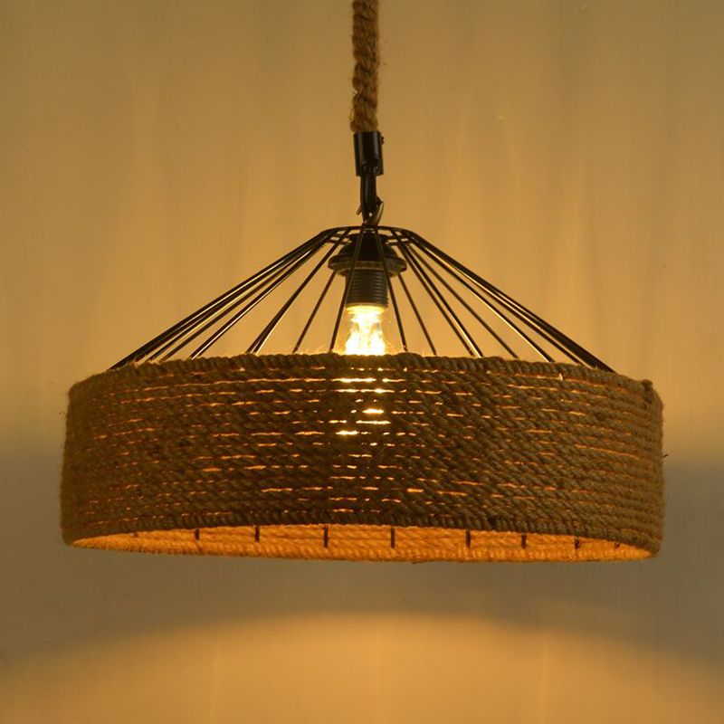 Drum Restaurant Pendant Light Antique Handmade Hemp Rope Single Flaxen Hanging Light Fixture