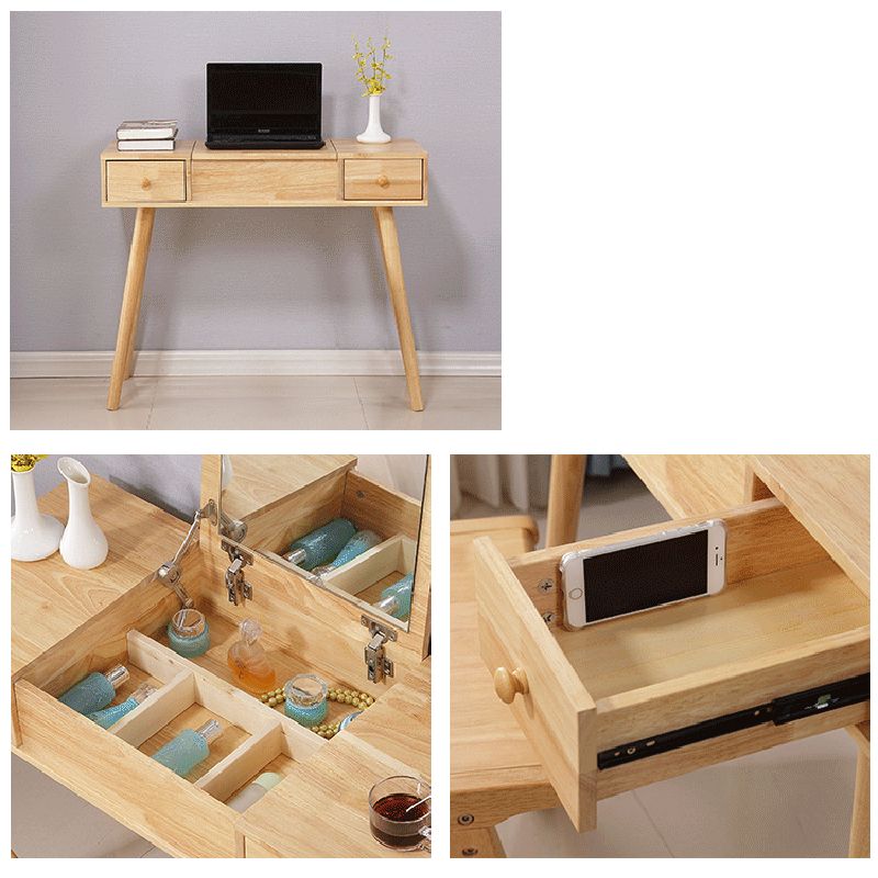 Solid Wood Vanity Dressing Table Scandinavian Flip-Top Mirror Vanity Desk