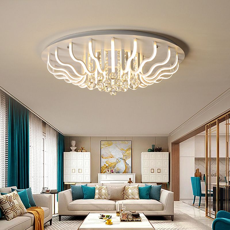 Gebogen Acryl Flush Mount Lamp Eenvoudige 27"/31.5" W LED Woonkamer Plafond Montage Fixture in Wit, Warm/Wit Licht