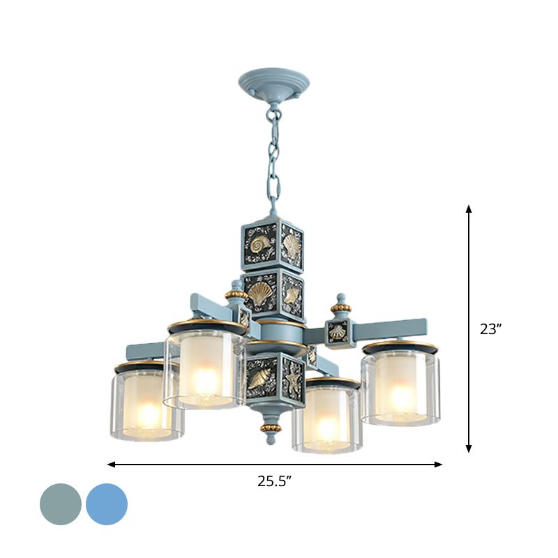 Sky/Light Blue Dual Cylinder Chandelier Nordic 4 Bulbs Clear and Opal Glass Down Lighting with Conch Design