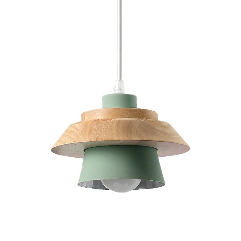 Macaron Style Mushroom Pendant Light Metal Wood 1 Light Hanging Light for Restaurant