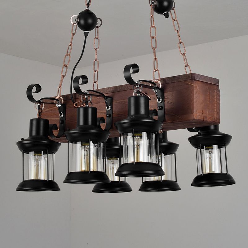 6-Lights Industrial Styl Island Pendants Wood Pendant Lights for Restaurant